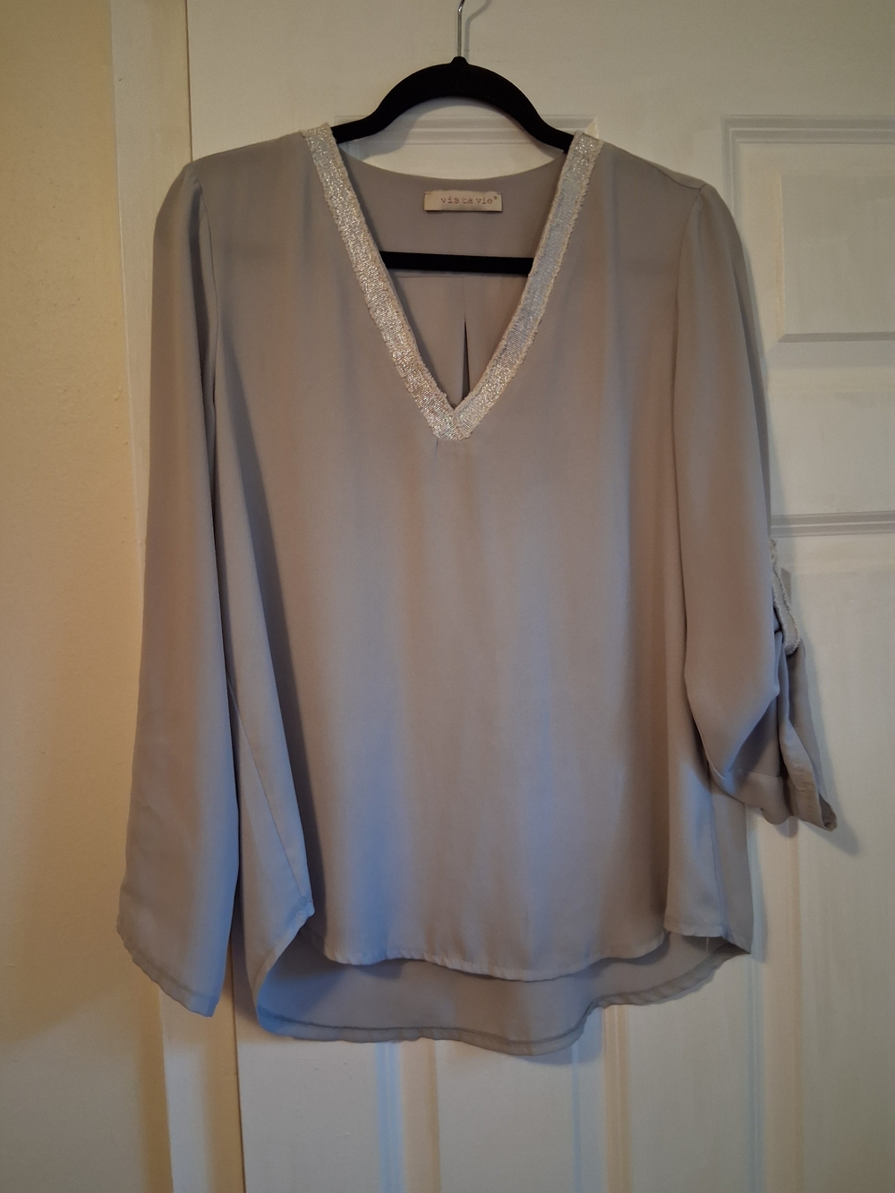 Light Gray Beaded V-Neck Blouse